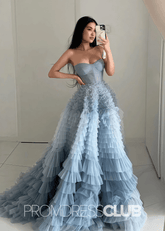 Sigrid |Grey Tulle Long Prom Dresses With A Line Sweetheart Tiered Ruffled - Price #price_variant_lowest# - Grey - PromDressClub